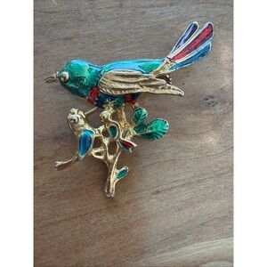 Vintage Mid Century Enamel Bird Brooch Gold Tone Songbird Pin‎